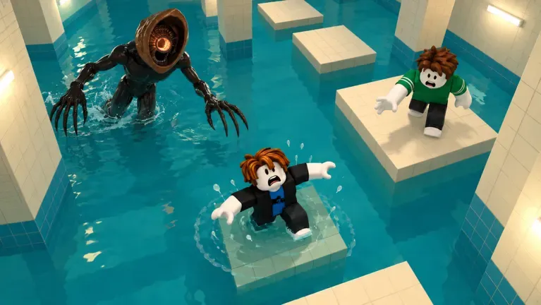 Official DONT SPLASH art: the blind monster wades toward a player who splashed while another player watches from a dry tile